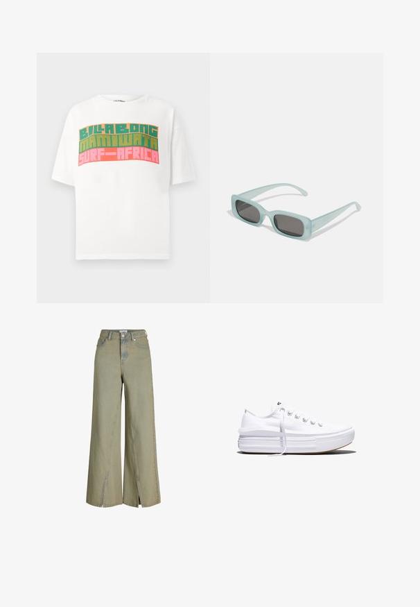 Hvid t-shirt med korte ærmer og retro blokbogstaver, der står "BILLABONG MAMIWATA SURF AFRICA" i orange, grøn og pink.; Lysegrønne vide jeans lavet af denim, med høj talje, sideslids og klassiske lomme-detaljer.; Hvid lavt snørestøvle med tyk plateau-sål, snørelukning foran og gummiforstærket tåkap, set i sideprofil.; Et par rektangulære solbriller med lyseblå gennemsigtige stel og mørkegrå linser, der har lige templer og minimale hardware detaljer.
