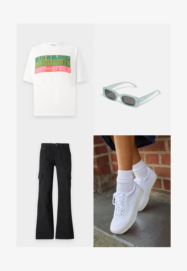 Weißes T-Shirt mit kurzen Ärmeln und retro Blockschrift mit dem Schriftzug "BILLABONG MAMIWATA SURF AFRICA" in Orange, Grün und Pink.; Schwarze Cargo-Hosen mit geradem Bein. Verfügt über zwei Seitentaschen, einen Knopfverschluss und ein kleines gesticktes Logo am Bund.; Weiße Leinensneaker mit Gummisohlen, ausgestattet mit sechs Ösen, runder Zehenpartie und dezenten Nähten, kombiniert mit weißen Knöchelsocken.; Ein Paar rechteckige Sonnenbrillen mit lichtblauen, halbtransparenten Rahmen und dunkelgrauen Gläsern, ausgestattet mit geraden Bügeln und minimalen Hardware-Details.