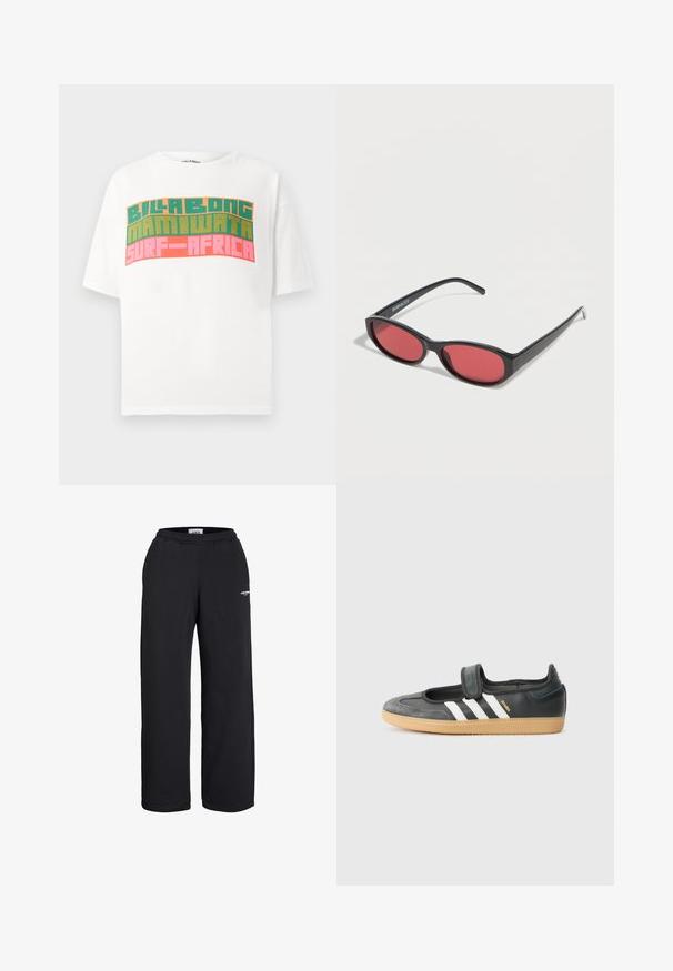 Hvid t-shirt med korte ærmer og retro blokbogstaver, der står "BILLABONG MAMIWATA SURF AFRICA" i orange, grøn og pink.; Sorte sweatpants med lige ben, elastisk talje og lille hvidt logo på øvre lår, designet til afslappet brug.; Sort læder- og ruskinds sneakers med en Velcro-rem, der har tre hvide striber og en gummisål, mærket "SAMBA" på siden.; Sorte ovale solbriller med tynde arme og rødtonede linser, der ligger på en hvid overflade.