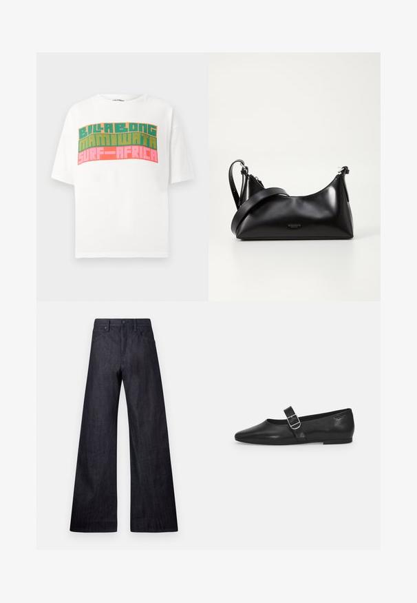 Camiseta blanca de manga corta con texto retro en bloques que dice "BILLABONG MAMIWATA SURF AFRICA" en naranja, verde y rosa.; Pantalones vaqueros de pierna ancha en denim oscuro con una textura suave, diseño tradicional de cinco bolsillos y un sutil brillo, con un cierre de botón.; Zapato plano de cuero negro con punta redondeada, una sola correa ajustable con hebilla y una textura suave y brillante. Diseño minimalista con un tacón bajo.; Bolso de mano de cuero negro con una textura suave. Cuenta con una correa ajustable y un diseño elegante y minimalista con cierre de cremallera.