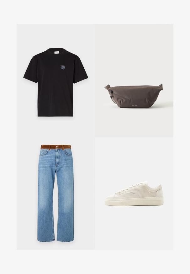 Sort bomulds t-shirt med rund hals og korte ærmer. Har et lille blåt logo på venstre bryst. Simpel, lige snit design.; Lys blå denim jeans med en lige ben-design, der har en brun ruskindslinning, frontlommer og lynlåslukning.; Hvid lavtop sneaker med snørelukning, tekstureret stofoverdel og tyk gummisål vist fra ydersiden på en ensfarvet baggrund.; Mørkebrun stof talje taske med diagonalt lynlåslomme og lille hvidt logo på fronten, sat mod en ensfarvet lys baggrund.