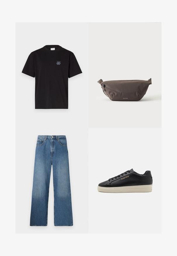 Sort bomulds t-shirt med rund hals og korte ærmer. Har et lille blåt logo på venstre bryst. Simpel, lige snit design.; Bredde ben blå denim jeans med et klassisk fem-lomme design, frontlukning med knap og let falming for tekstur.; Sorte lædersneakers med en glat finish, kontrasterende cremefarvet sål, rund tå, guld logo på siden og seks huller til snørebånd.; Mørkebrun stof talje taske med diagonalt lynlåslomme og lille hvidt logo på fronten, sat mod en ensfarvet lys baggrund.