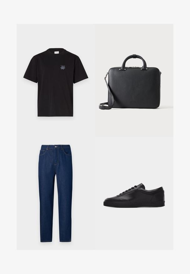 Zwarte katoenen T-shirt met een ronde hals en korte mouwen. Heeft een klein blauw logo op de linkerkant van de borst. Eenvoudig, recht gesneden ontwerp.; Les Benjamins Straight leg jeans - rinse wash; Zwarte lage leren sneaker met vetersluiting aan de voorkant en een platte rubberen zool, gezien van de zijkant tegen een effen witte achtergrond.; Zwarte gestructureerde leren aktetas met dubbele handvatten, afneembare schouderriem en bovenste ritssluiting op een effen lichte achtergrond.