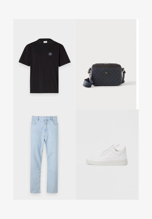 Sort bomulds t-shirt med rund hals og korte ærmer. Har et lille blåt logo på venstre bryst. Simpel, lige snit design.; Lysblå, lige-fit jeans lavet af denim, med knap- og lynlåsåbning, fem lommer og subtilt slid på stoffet.; Hvid lædersneaker med rundet tå, flad sål og snørebånd foran. Har syningsdetaljer og polstret krave for komfort.; Rektangulær mørkeblå crossbody-taske med justerbar rem, lynlåslukning og diskret logomønster på frontpanelet.