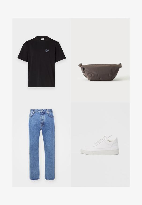 Schwarzes Baumwoll-T-Shirt mit Rundhalsausschnitt und kurzen Ärmeln. Mit einem kleinen blauen Logo auf der linken Brust. Einfaches, gerade geschnittenes Design.; Won Hundred STEVE - Jeans Relaxed Fit - cut blue; Weißer Ledersneaker mit abgerundetem Zehenbereich, flacher Sohle und Schnürverschluss. Verfügt über Nahtdetails und einen gepolsterten Kragen für zusätzlichen Komfort.; Dunkelbraune Stoff-Gürteltasche mit diagonalem Reißverschlussfach und kleinem weißen Logo vorne, vor einem einfarbigen hellen Hintergrund.
