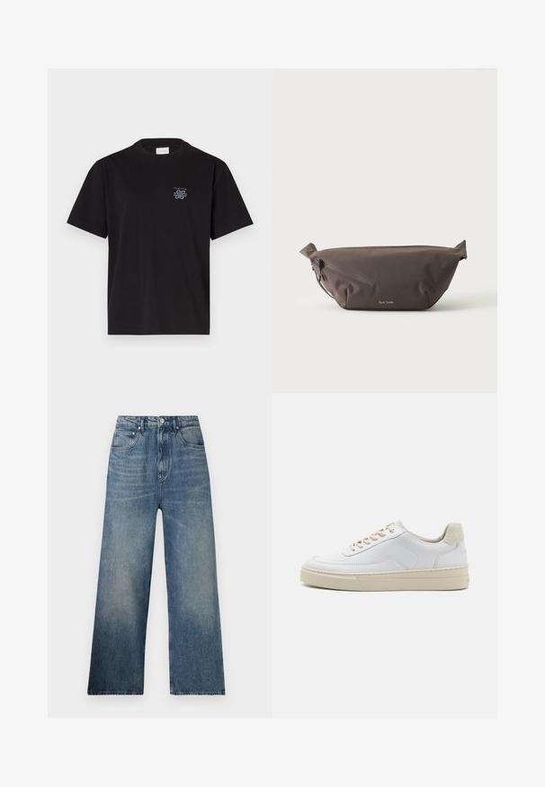 Camiseta de algodón negra con cuello redondo y mangas cortas. Presenta un pequeño logo azul en el lado izquierdo del pecho. Diseño simple y de corte recto.; Jeans de mezclilla azul de pierna ancha con cintura alta, que presentan un desgaste sutil, cinco bolsillos y un cierre de botón metálico en la parte delantera.; Zapatilla blanca con parte superior de cuero suave, cordones beige y un tirador de talón de ante beige texturizado. Suela elevada para mayor altura.; Riñonera de tela marrón oscuro con bolsillo diagonal con cremallera y pequeño logo blanco en el frontal, sobre un fondo liso y claro.