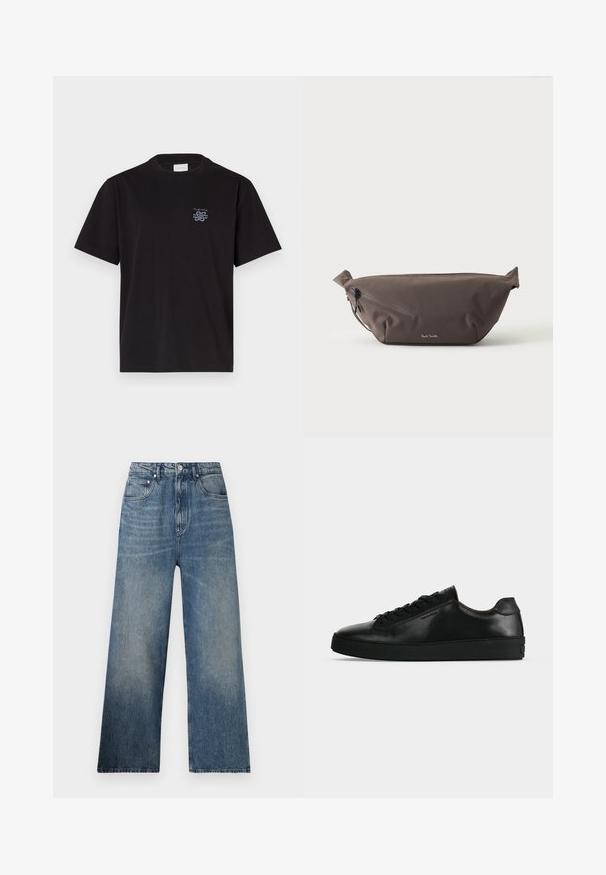 Schwarzes Baumwoll-T-Shirt mit Rundhalsausschnitt und kurzen Ärmeln. Mit einem kleinen blauen Logo auf der linken Brust. Einfaches, gerade geschnittenes Design.; Blaue Denim-Hosen mit weitem Bein und hohem Bund, mit subtilen Verfärbungen, fünf Taschen und einem Metallknopfverschluss vorne.; Schwarzer niedriger Ledersneaker mit schwarzen Schnürsenkeln und dicker schwarzer Sohle, von der Seite auf hellgrauem Hintergrund gezeigt.; Dunkelbraune Stoff-Gürteltasche mit diagonalem Reißverschlussfach und kleinem weißen Logo vorne, vor einem einfarbigen hellen Hintergrund.