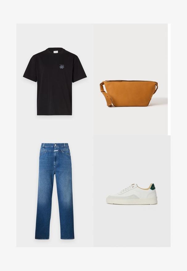 Zwarte katoenen T-shirt met een ronde hals en korte mouwen. Heeft een klein blauw logo op de linkerkant van de borst. Eenvoudig, recht gesneden ontwerp.; Blauwe denim jeans met een rechte pijp, voorzien van een knoopsluiting, riemlussen en subtiele vervaging op de bovenbenen.; Witte sneaker met suède accenten, ronde neus, platte veters en een crème rubberen zool. Bevat groene branding op de hiel.; Lichtbruine leren crossbodytas met verstelbare band en ritssluiting, getoond tegen een effen lichte achtergrond.