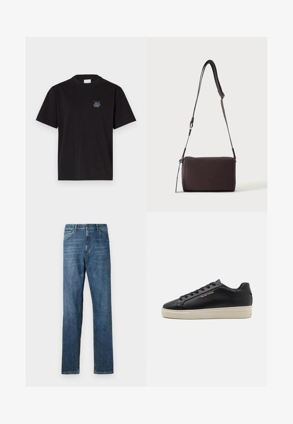 Camiseta de algodón negra con cuello redondo y mangas cortas. Presenta un pequeño logo azul en el lado izquierdo del pecho. Diseño simple y de corte recto.; Jeans de mezclilla azul oscuro, diseño de pierna recta, estilo de cinco bolsillos, costura visible y cierre clásico de botón. Ligera efecto de lavado en la tela.; Zapatilla de cuero negra con un acabado suave, suela crema en contraste, puntera redonda, logo dorado en el lateral y seis ojales para los cordones.; Bolso bandolera de cuero marrón oscuro con textura, correa ajustable y pequeño adorno decorativo azul en el lateral.