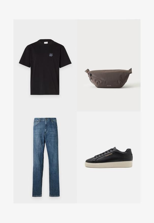 Schwarzes Baumwoll-T-Shirt mit Rundhalsausschnitt und kurzen Ärmeln. Mit einem kleinen blauen Logo auf der linken Brust. Einfaches, gerade geschnittenes Design.; Dunkelblaue Denim-Jeans, gerades Bein-Design, Fünf-Taschen-Stil, sichtbare Nähte und ein klassischer Knopfverschluss. Leichter Waschungseffekt auf dem Stoff.; Schwarze Leder-Sneaker mit glatter Oberfläche, kontrastierender cremefarbener Sohle, abgerundeter Spitze, goldfarbenem Logo an der Seite und sechs Ösen für die Schnürsenkel.; Dunkelbraune Stoff-Gürteltasche mit diagonalem Reißverschlussfach und kleinem weißen Logo vorne, vor einem einfarbigen hellen Hintergrund.
