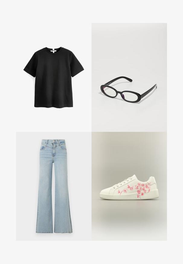 Zwart T-shirt met korte mouwen van katoen. Ronde hals met een rechte zoom en zonder zichtbare patronen of graphics. Zachte, gladde textuur.; Lichtblauwe, hooggetailleerde wijde jeans met knoop- en ritssluiting aan de voorkant, voorzakken en riemlussen tegen een effen achtergrond.; Witte sneaker met roze bloemenpatroon aan de zijkant, vetersluiting, platte zool en een gladde afwerking op een neutrale achtergrond.; Ovale zwarte bril met heldere lenzen, met een gladde afwerking en brede pootjes. De lenzen hebben een subtiele paarse tint. Logo aan de zijkant.