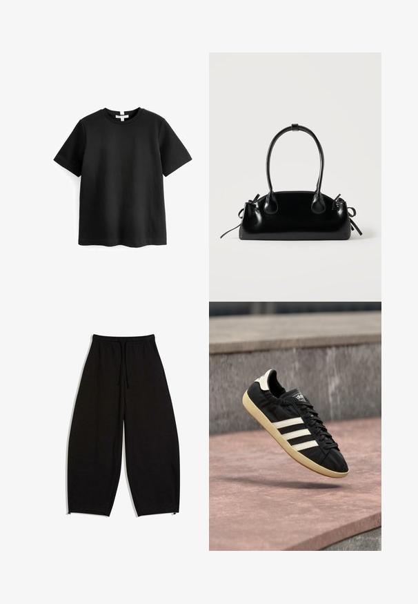 Schwarzes kurzärmeliges T-Shirt aus Baumwolle. Rundhalsausschnitt mit geradem Saum und ohne sichtbare Muster oder Grafiken. Weiche, glatte Textur.; Lockere schwarze Sweatpants mit elastischem Bund, Kordelzug, Seitentaschen und verstellbaren Säumen.; Schwarzer Adidas-Sneaker mit weißen Streifen und beiger Sohle, in der Luft über einer steinernen Oberfläche und mit Steinwand im Hintergrund aufgenommen.; Kleine schwarze glänzende Handtasche mit zwei langen Griffen und seitlichen Kordelzug-Details vor einfachem hellem Hintergrund.