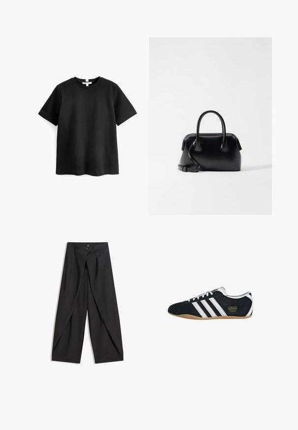 Sort kortærmet t-shirt lavet af bomuld. Rund halsudskæring med en lige kant og uden synlige mønstre eller grafik. Blød, glat tekstur.; Sorte bukser med vide ben, frontplisseringer, to knapper i linningen og skrå sidelommer, vist fladt på hvid baggrund.; Sort ruskinds sneaker med hvide tre striber, guldlogo og en brun gummisål. Har et lavprofil snørebåndsdesign.; Osoi BOAT BROT - Håndtasker - black