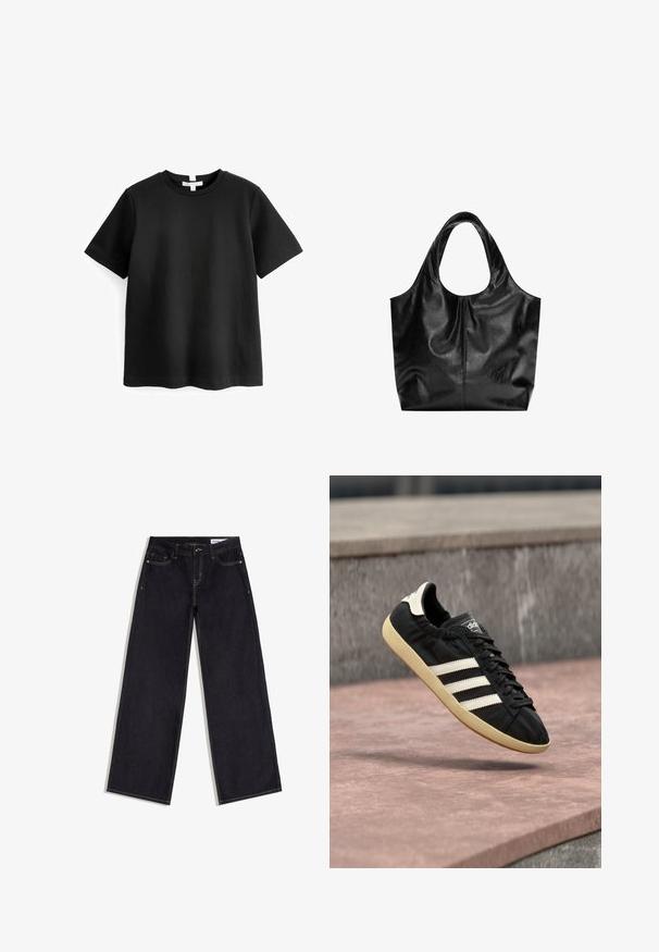 Schwarzes kurzärmeliges T-Shirt aus Baumwolle. Rundhalsausschnitt mit geradem Saum und ohne sichtbare Muster oder Grafiken. Weiche, glatte Textur.; Dunkelblaue Jeans mit weitem Bein, vorn mit Taschen, Gürtelschlaufen und kontrastierenden Nähten, flach auf einem weißen Hintergrund liegend.; Schwarzer Adidas-Sneaker mit weißen Streifen und beiger Sohle, in der Luft über einer steinernen Oberfläche und mit Steinwand im Hintergrund aufgenommen.; Schwarze Leder-Tote mit glatter Textur, weichem, abgerundetem Oberteil und breiten Tragegriffen. Merkmale minimale Nähte und eine lässige Silhouette.