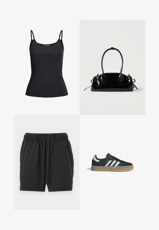 Top negro ajustado sin mangas para mujer con tirantes delgados ajustables y un ligero escote redondeado, mostrado sobre un fondo blanco.; Pantalones cortos con cintura elástica negra, cordones ajustables y bolsillos laterales, confeccionados con una tela suave y cómoda.; Zapatilla deportiva de cuero negro con tres rayas plateadas, punta texturizada y suela de goma. Cuenta con un collar acolchado y un diseño con cordones.; Pequeño bolso negro brillante con dos asas largas y detalles de cordón lateral sobre un fondo claro liso.