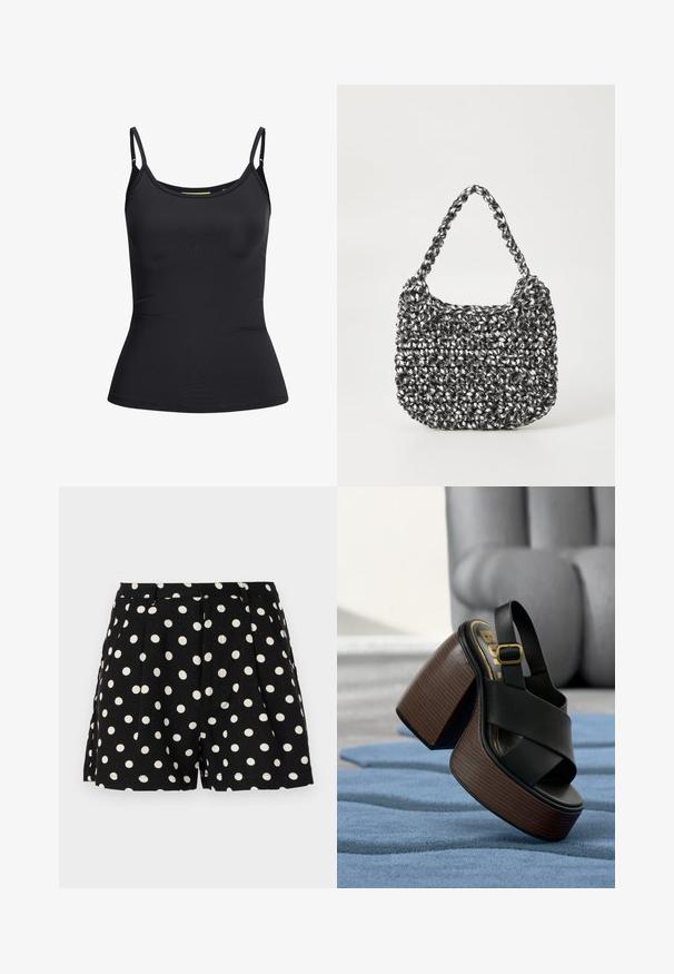 Top negro ajustado sin mangas para mujer con tirantes delgados ajustables y un ligero escote redondeado, mostrado sobre un fondo blanco.; Pantalones cortos negros con lunares blancos, con pliegues en la parte delantera y bolsillos laterales. Fabricados con un tejido ligero.; Sandalia plataforma de cuero negro con tacón grueso de madera y hebilla dorada, exhibida sobre una superficie azul texturizada con un sofá gris al fondo.; Bolso de mano tejido en blanco y negro con forma redondeada, superficie texturizada y asa trenzada. Adecuado para uso casual.