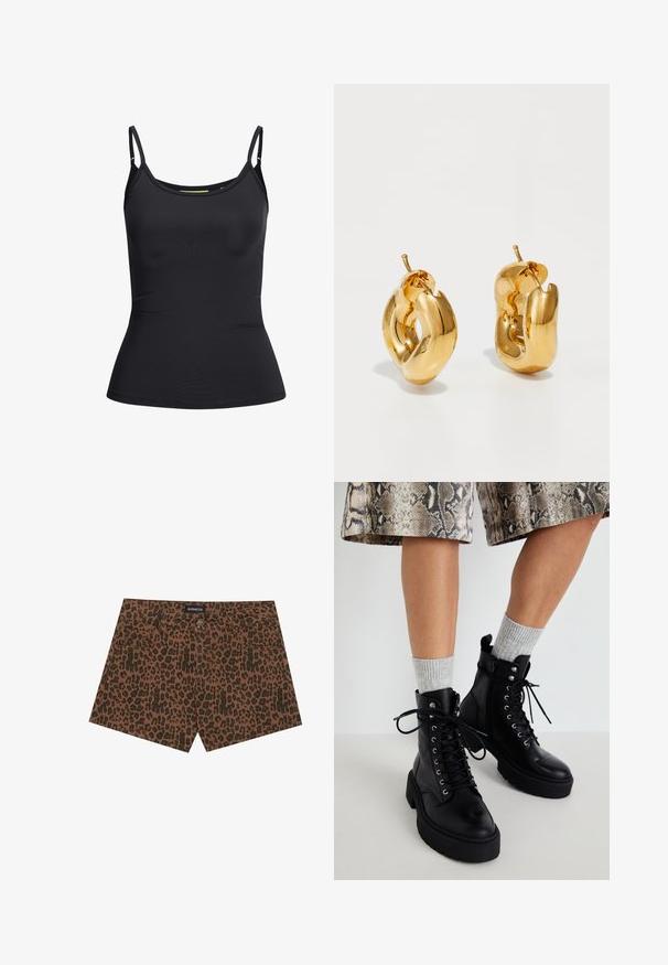 Sort tætsiddende ærmeløs dame-top med tynde justerbare skulderstropper og en let rundet halsudskæring, vist på en hvid baggrund.; Brune denim shorts med sort leopardprint, har forlommer og en knaplukning i taljen. Enkel, lige snit design.; Steve Madden GUSTO - Plateaustøvletter - black; Chunky guld hoop øreringe med et let snoet, rørformet design og postsystem bagpå, på en hvid baggrund.