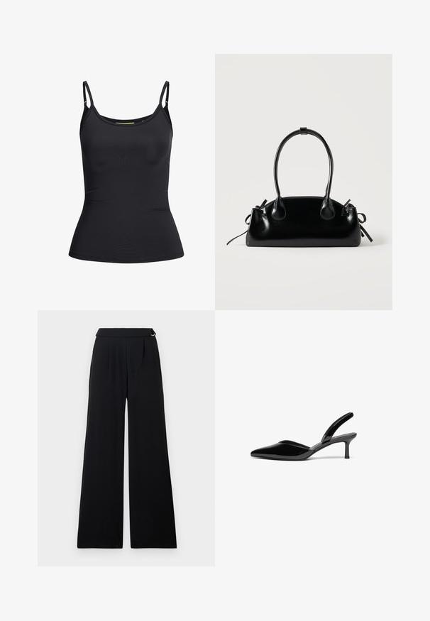 Zwart aangesloten dames top zonder mouwen met dunne verstelbare schouderbandjes en een lichte ronde hals, getoond op een witte achtergrond.; Zwarte broek met brede pijpen, hoge taille, plooien aan de voorkant en een gespdetail aan de zijkant van de tailleband.; Zwarte gepolijste leren slingback hakken met een puntige neus, een lage stiletto hak en een elegant, eenvoudig ontwerp zonder versieringen.; Kleine zwarte glanzende handtas met twee lange hengsels en zijkant trekkoord details op een effen lichte achtergrond.
