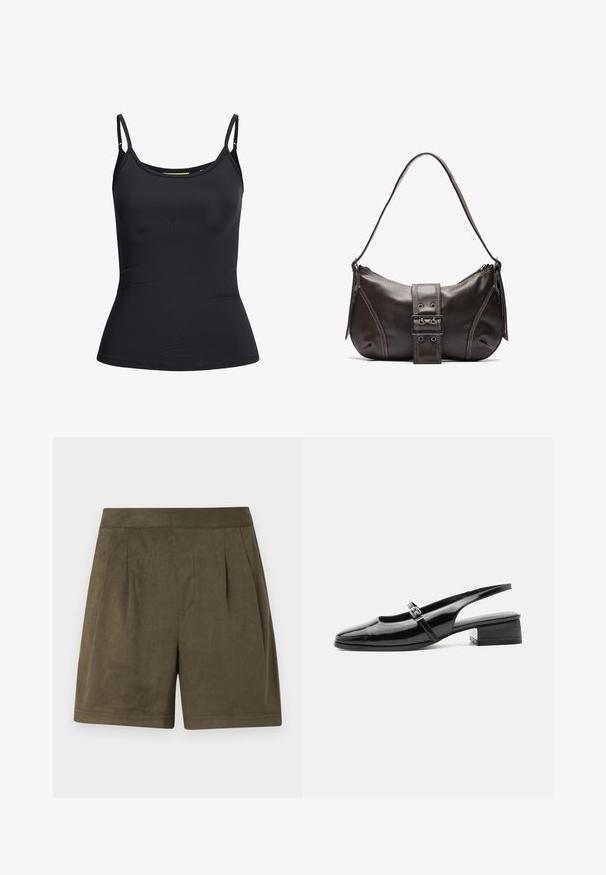 Zwart aangesloten dames top zonder mouwen met dunne verstelbare schouderbandjes en een lichte ronde hals, getoond op een witte achtergrond.; Donkergroene shorts van een zachte, suede-achtige stof, met een geplooid ontwerp, een middellange snit en een schone, gestructureerde tailleband.; Zwarte lakleren slingback schoen met een lage blokhak en een dunne band met zilveren gesp bovenop.; Bruine leren schoudertas met een gebogen vorm, voorzien van een opvallende gespdetail, contrasterende stiksels en een enkele schouderband.