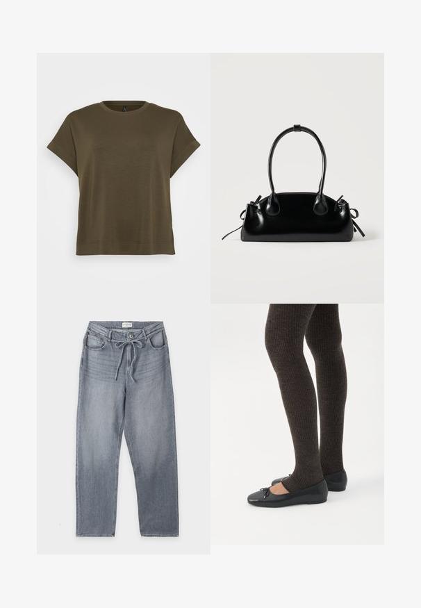 Vero Moda Curve VMCHALI - T-shirt basique - grape leaf; Jean droit gris clair avec poches avant, passants de ceinture, fermeture par bouton et cordon noué à la taille.; Jambes portant des leggings côtelés foncés associés à des ballerines noires avec de petits détails en nœud sur fond blanc.; Petit sac à main noir brillant avec deux longues anses et des détails à cordon sur les côtés sur un fond clair uni.