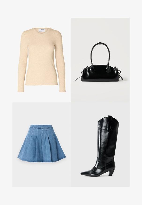 Beige geribbelde gebreide top met lange mouwen, ronde halslijn en subtiele golvende randen aan manchetten en zoom.; Denim plissé rok in lichtblauw met een aansluitende tailleband, uitlopend aan de zoom, met subtiele stikdetails en een zachte textuur.; Zwarte leren kniehoge laarzen met een spitse neus, lage hak en decoratieve stiksels aan de zijkanten. Gladde glanzende afwerking.; Kleine zwarte glanzende handtas met twee lange hengsels en zijkant trekkoord details op een effen lichte achtergrond.