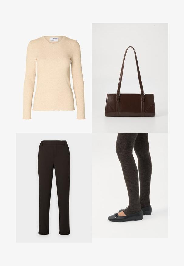 Beige geribbelde gebreide top met lange mouwen, ronde halslijn en subtiele golvende randen aan manchetten en zoom.; Zwarte slim-fit broeken met riemlussen en boorden tegen een witte achtergrond.; Benen met donkere geribbelde leggings gecombineerd met zwarte ballerina's met kleine strikdetails op een witte achtergrond.; Bruine lakleren handtas met een rechthoekige vorm, twee lange handvatten en subtiele gebogen accenten aan de voorkant.