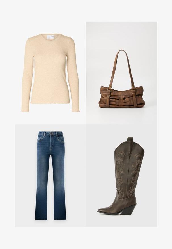 Beige langærmet ribstrikket top med rund halsudskæring og subtile bølgede kanter på ærmer og kant.; Mørkeblå denim jeans med flare, der har en falmet vask, fem lommer og bæltestropper. Klassisk design med knaplukning foran.; Brune læder cowboystøvle med spids tå, kilehæl og dekorativ broderi. Har en høj stok og en trækflap.; Even&Odd by Zalando Håndtasker - brown