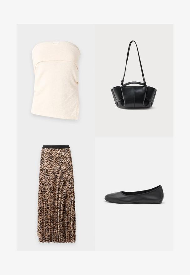 Top sans bretelles beige clair en tissu texturé, présentant un design plissé au niveau de l'encolure et une coupe ample. Pas de fermetures ni de détails supplémentaires.; Jupe longue plissée beige à imprimé léopard noir. Elle présente une ceinture noire, une texture douce et une coupe fluide.; Ballerines en cuir noir avec un bout rond, texture lisse, détails de couture minimalistes et design de semelle flexible.; Sac à main en cuir noir avec une silhouette courbe, des côtés froncés, une anse tressée et une longue bandoulière fine sur fond blanc.