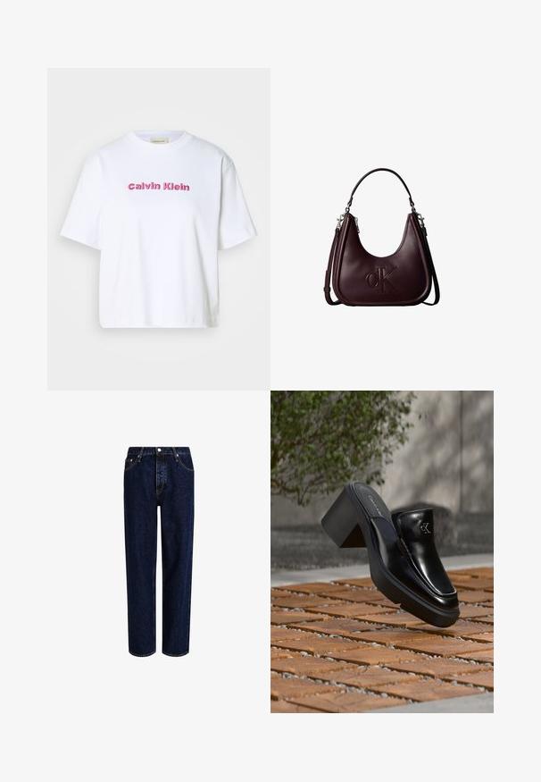 Hvid bomulds T-shirt med korte ærmer og rund halsudskæring, med "Calvin Klein" broderet i lyserøde bogstaver på forsiden.; Mørkeblå denim jeans med lige ben-design, der har høj talje, fem-lomme-stil og kontrastsyninger. Ingen dekorationer.; Sort læder Calvin Klein slip-on mule med blokhæl, der hviler på trætøj udendørs nær en grøn plante og en grå væg.; Mørkebrun læder skuldertaske med præget CK-logo, buet topgreb og justerbar lang rem på hvid baggrund.