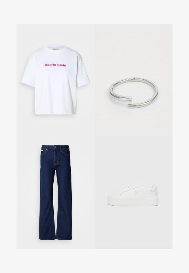 Hvid bomulds T-shirt med korte ærmer og rund halsudskæring, med "Calvin Klein" broderet i lyserøde bogstaver på forsiden.; Mørkeblå denimjeans med vidbenet design, lige snit, fem lommer og lynlås foran. Syning detaljer langs sømmerne.; Hvide platform sneakers med en glat læderoverdel, rund tå, hvide snørebånd og diskret logo-detalje på siden. Flad gummisål.; Calvin Klein SPIRAL - Armbånd - silver-coloured