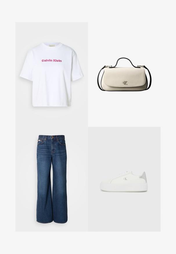 Hvid bomulds T-shirt med korte ærmer og rund halsudskæring, med "Calvin Klein" broderet i lyserøde bogstaver på forsiden.; Bredde jeans lavet af mørkeblåt denim. Funktioner inkluderer en høj talje, fem lommer og kontrasterende orange syninger langs sømmene.; Hvide lærredssneakers med en tyk hvid sål, prydet med en metallic sølvaccent på hælen og en diskret logo-detalje på siden.; Cremefarvet rektangulær håndtaske med sort rem og håndtag, foran klaplukning samt lille sølvfarvet "cK" logo midt foran.