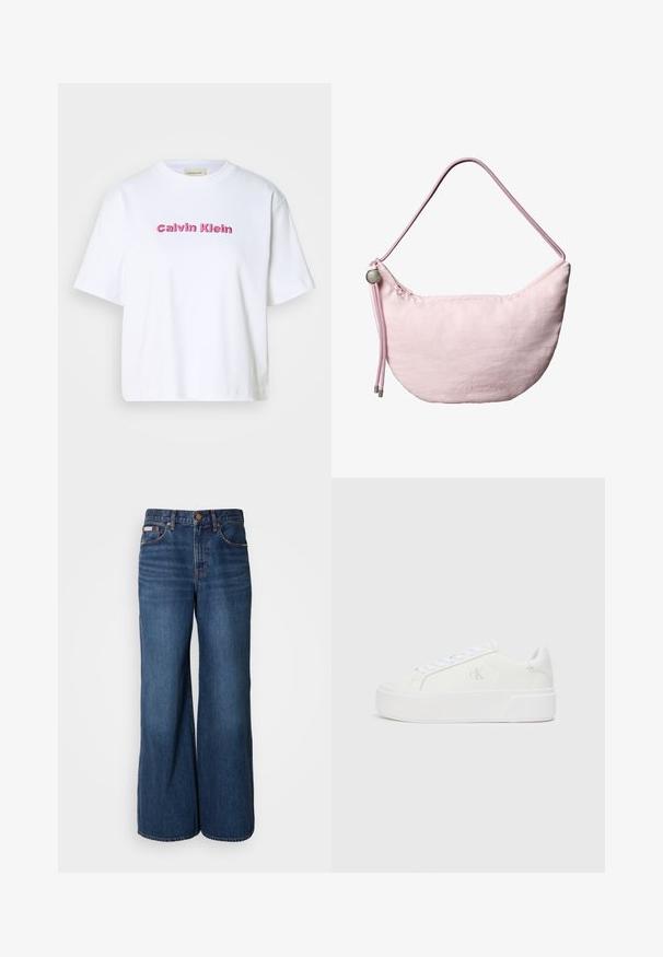 Biele bavlnené tričko s krátkymi rukávmi a okrúhlym výstrihom, s nápisom "Calvin Klein" vyšitým ružovými písmenami na prednej strane.; Džíny s širokými nohavicami vyrobené z tmavomodrého denim. Vlastnosti zahŕňajú vysoký pás, päť vreciek a kontrastné oranžové švy pozdĺž švov.; Biele platformové tenisky s hladkým koženým zvrškom, zaoblenou špičkou, bielymi šnúrkami a jemným detailom loga na boku. Plochá gumová podrážka.; Mäkká ružová ramenná taška v tvare polmesiaca s nastaviteľným popruhom zo šnúry, kovovým zarážkou a nenápadným vyrazeným logom „cK“ na prednej stredovej časti.