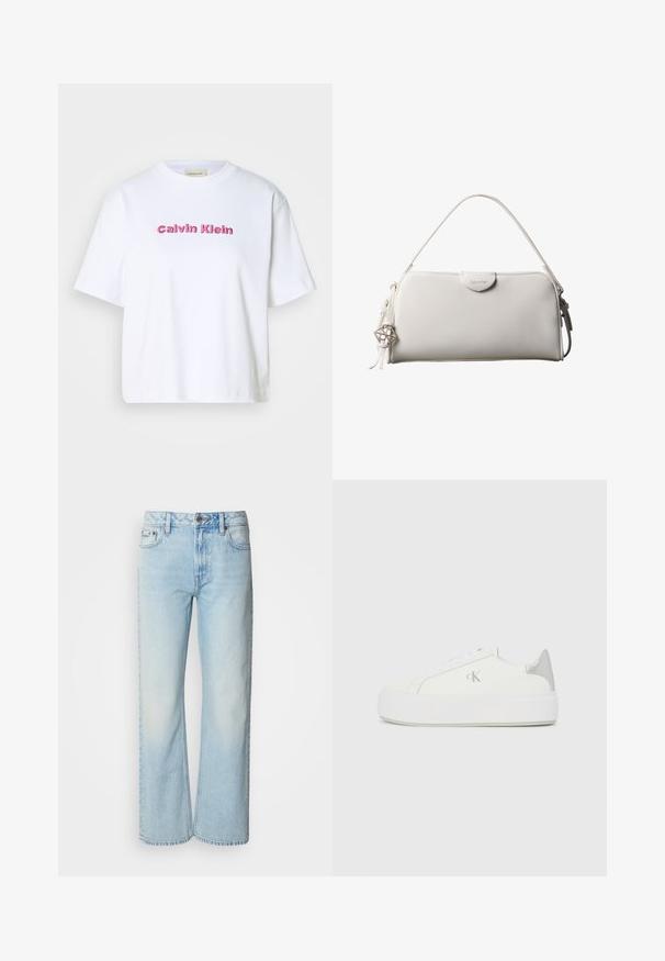 Biele bavlnené tričko s krátkymi rukávmi a okrúhlym výstrihom, s nápisom "Calvin Klein" vyšitým ružovými písmenami na prednej strane.; Svetlomodré široké džínsy vyrobené z denimu, s klasickým päť-pocket dizajnom a jemnou vyblednutou textúrou. Švy z denimu sú viditeľné.; Biele plátené tenisky s hrubou bielou podrážkou, so strieborným kovovým akcentom na päte a jemným logom na boku.; Biela obdĺžniková kabelka Calvin Klein s jedným rúčikom, minimalistickým dizajnom a dekoratívnymi strapcami s geometrickým kovovým príveskom na boku.