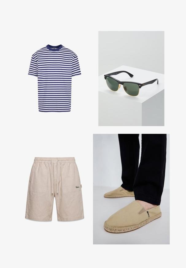 Korte mouwen gestreept t-shirt met marineblauwe en witte horizontale strepen, ronde hals, relaxed fit en zachte katoenen stof.; Beige casual shorts met elastische tailleband, trekkoord, voorzakken en klein zwart logo op het rechterbeen.; Beige canvas instapschoenen met elastische inzet, jute touwzool en contrasterende stiksels. Draag ze met zwart taps toelopende broek.; Ray-Ban zonnebrillen met groene lenzen, zwarte plastic monturen en gouden accenten aan de randen. Vierkante vorm met een matte afwerking.