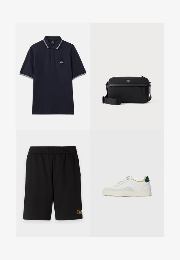 Marineblaues Poloshirt aus Baumwolle mit klassischem Kragen, zwei Knöpfen und weißen Streifenakzenten an den Ärmeln. Kleines Logo auf der Brust.; Schwarze Sportshorts aus weichem Material, mit einem elastischen Bund und einem kleinen gelben EA7-Logo am unteren linken Bein.; Weiße Sneaker mit Wildlederelementen, runder Zehenpartie, flachen Schnürsenkeln und einer cremefarbenen Gummisohle. Mit grünen Markenlogo am Fersenbereich.; Schwarze rechteckige Umhängetasche mit vorderer Reißverschlusstasche, verstellbarem Schultergurt und kleinem Metalllogo oben in der Mitte.