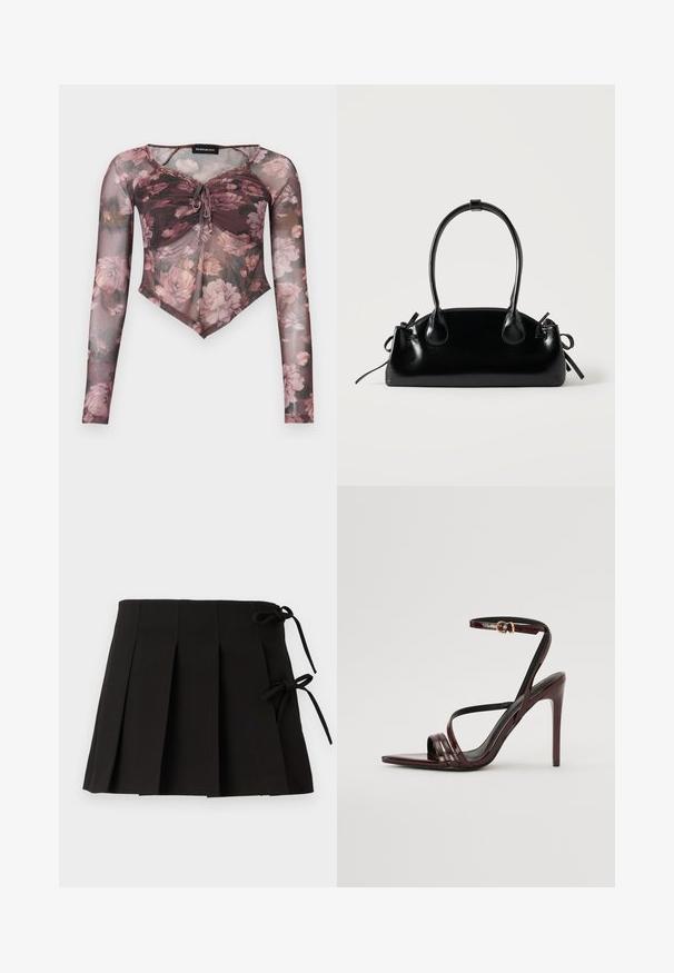 Haut à manches longues en mesh transparent avec imprimé floral rose, devant froncé avec lien, et ourlet pointu dans des tons mauve doux et marron.; Jupe plissée noire avec des liens sur les côtés, fabriquée dans un tissu à la texture lisse ; elle présente un design structuré et des lignes épurées.; Sandale à talons hauts en cuir verni bourgogne avec une bride de cheville, bout pointu et trois bandes horizontales sur le pied. Détail de boucle dorée.; Petit sac à main noir brillant avec deux longues anses et des détails à cordon sur les côtés sur un fond clair uni.