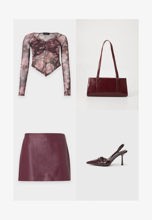 Haut à manches longues en mesh transparent avec imprimé floral rose, devant froncé avec lien, et ourlet pointu dans des tons mauve doux et marron.; Mini jupe en cuir bordeaux lisse avec une coupe droite et sans embellissements ni fermetures visibles.; Escarpin slingback en cuir verni bordeaux avec bout pointu, fine bride à la cheville et petit détail décoratif de boucle. Texture lisse et talon haut.; Sac à main bordeaux en matériau brillant, de forme rectangulaire, avec deux anses et des accents légèrement courbés à l'avant.