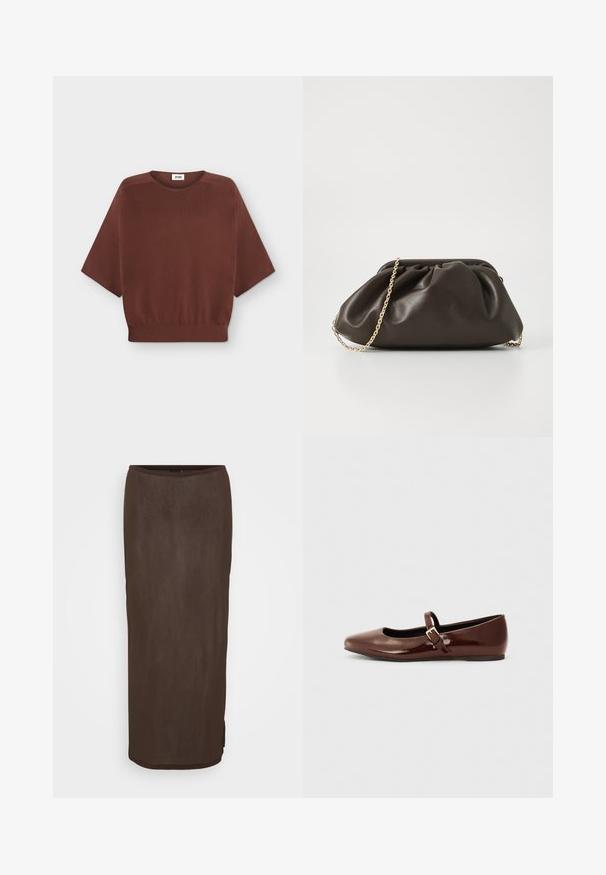 Pull marron à manches courtes avec un col rond et une taille côtelée, posé à plat sur un fond blanc.; Jupe marron, à mi-mollet, ajustée avec une texture lisse et un léger brillant. Présente un ourlet arrondi et une fente latérale discrète pour plus de facilité de mouvement.; Ballerine en cuir verni marron avec un bout carré et une lanière ornée d'une petite boucle dorée. Texture lisse, talon bas et design minimaliste.; Sac à main en cuir marron avec un design froncé, une bandoulière en chaîne dorée et une finition douce et texturée. Sa forme compacte est idéale pour une utilisation en soirée.