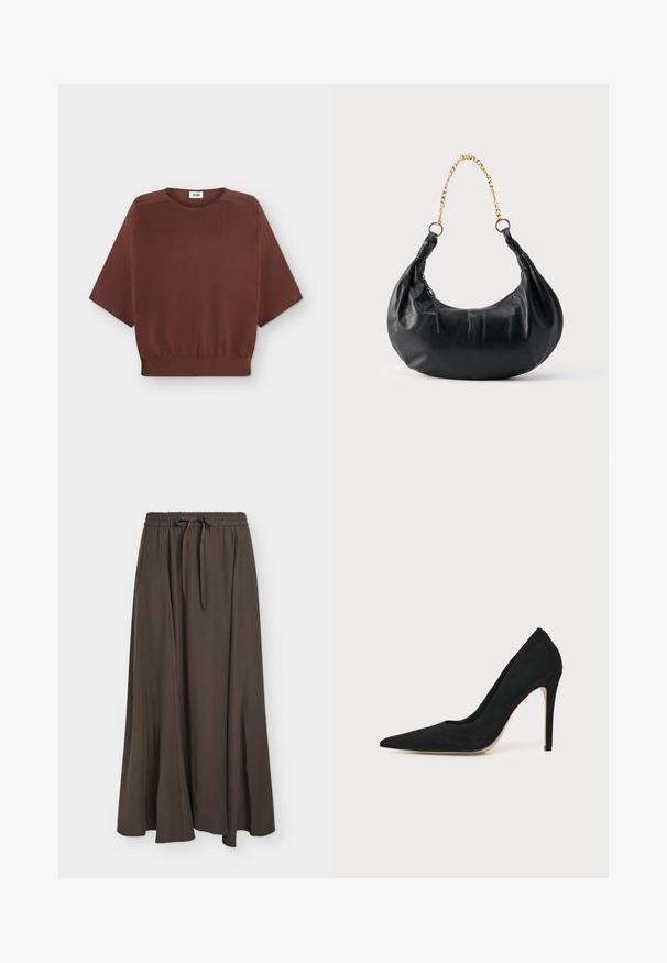Pull marron à manches courtes avec un col rond et une taille côtelée, posé à plat sur un fond blanc.; Longue jupe marron foncé avec taille élastique et cordon, tissu lisse, légère évasement, suspendue à plat sur fond clair.; Escarpin stiletto noir à talon haut avec bout pointu et texture lisse, présenté de profil sur un fond clair uni.; Sac à main en cuir noir en forme de croissant avec une lanière chaîne en or et une fermeture éclair latérale.