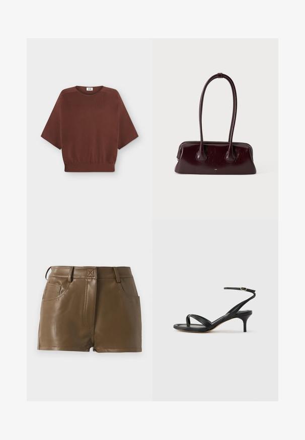 Pull marron à manches courtes avec un col rond et une taille côtelée, posé à plat sur un fond blanc.; Shorts en faux cuir marron au design ajusté, avec une taille à passants de ceinture, des poches avant et des détails de couture visibles.; Sandale pour femme en cuir noir avec fines lanières, une boucle d'orteil, une boucle à la cheville et un talon aiguille de hauteur moyenne sur un fond neutre.; Sac à main en cuir brun foncé brillant avec de longues anses fines et une base rectangulaire structurée sur un fond clair uni.