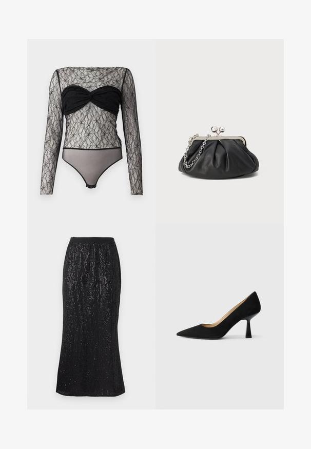 Hofmann Copenhagen PAULA - Longsleeve - black; Zwarte rok met een aansluitende tailleband en verticale pailletten voor een gestructureerde look. De zoom heeft een lichte curve, wat zorgt voor een slanker silhout. ; Zwarte suède high-heeled pump met een spitse neus, voorzien van een glanzende zwarte blokhak en een gladde binnenvoering.; Zwarte leren clutch met geplooide textuur, zilverkleurig metalen frame, drukknopsluiting en kettingriem. Glad, zacht oppervlak.