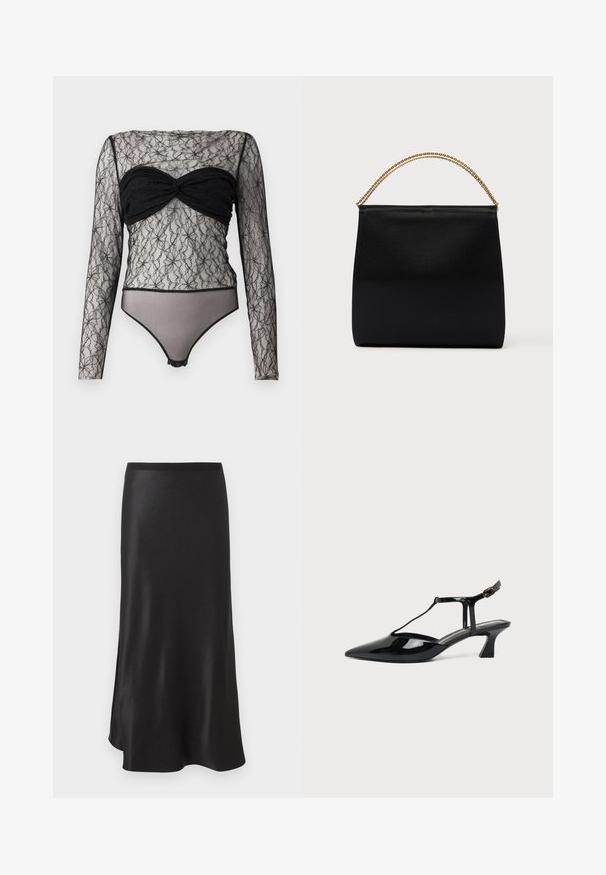 Hofmann Copenhagen PAULA - Longsleeve - black; Zwarte satijnen midirok met een rechte tailleband en lichte uitlopende zoom, afgebeeld tegen een witte achtergrond.; Zwarte pumps van lakleer met spits toelopende neus, T-strap en lage schuine blokhak op witte achtergrond.; Zwarte tas van gladde stof met een gestructureerde vorm, een handvat van gouden ketting en een minimalistisch geometrisch ontwerp.
