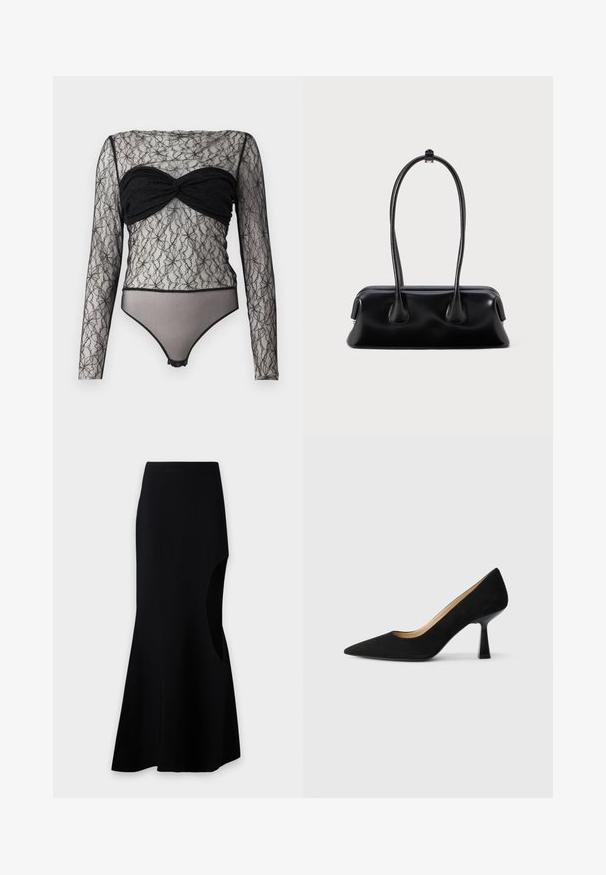 Hofmann Copenhagen PAULA - Langærmet T-shirt - black; Sort lang nederdel med høj talje, asymmetrisk kant og stort sideløbende udskæring på højre side mod en ensfarvet baggrund.; Sorte ruskinds højhælede pumps med spids tå, der har en blank sort blokhæl og en glat indvendig foring.; Sort læderhåndtaske med to forlængede håndtag, en glat tekstur og en rund bund med dekorative detaljer på siderne.