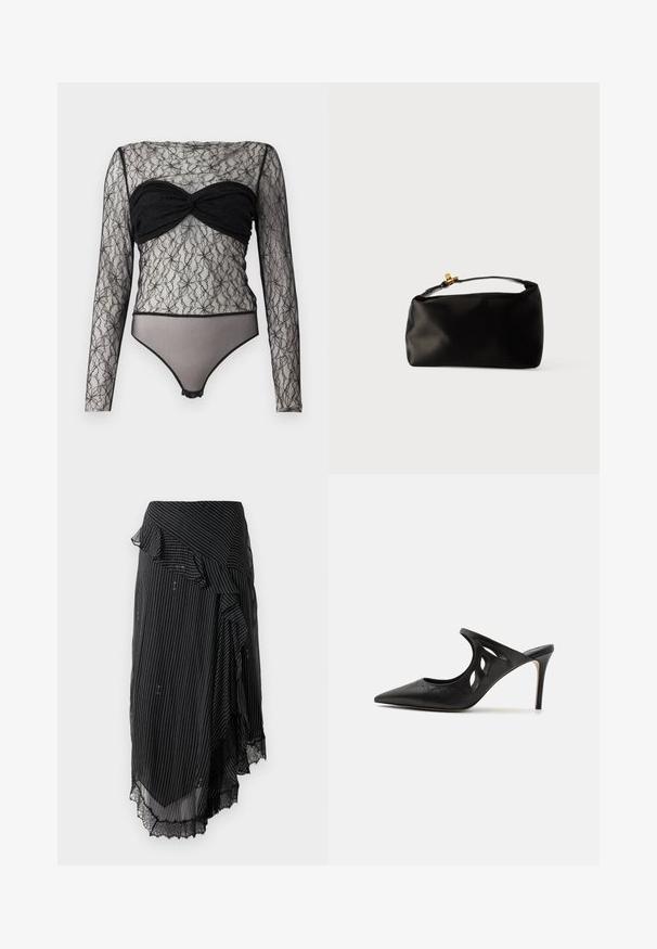 Hofmann Copenhagen PAULA - Top s dlhým rukávom - black; Čierna sukňa s bielymi prúžkami, so volánovým okrajom a čipkovým lemom. Vyrobená z ľahkej tkaniny, s asymetrickým dizajnom.; Čierne kožené vysoké špičaté papuče s výrezmi po stranách a hladkou textúrou. Stiletto podpätok a jemný steh.; Čierna saténová taška v tvare guľatého pohlavia, s hornou rúčkou a zlatým zapínaním. Hladký povrch s minimalistickým dizajnom.
