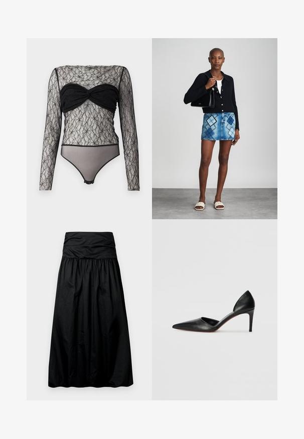 Hofmann Copenhagen PAULA - Langærmet T-shirt - black; Sort midilængde nederdel med et rynket design, lavet af et glat materiale. Har en bred, rynket talje øverst.; Sorte læder højhælede pumps med spidse tæer, åbne sider og en slank silhuet. Har en tynd hæl og rød sål som accent.; Sort striktrøje, hvid top, denimnederdel med blå og sort diamantmønster, sort håndtaske og beige slidesandaler.