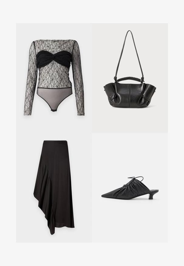 Hofmann Copenhagen PAULA - Top s dlhým rukávom - black; AERON ASTER SKIRT - Puzdrová sukňa - black; Čierne kožené slip-on mule s špicatou špičkou, zberanou textúrou a malým podpätkom. Obsahuje šnúrovací detail na otvorení.; Čierna kožená kabelka s textúrovaným povrchom, mäkkými záhybmi, dvojitými popruhmi a detailmi tkaného úchytu. Kompaktná, s otvoreným vrchom.