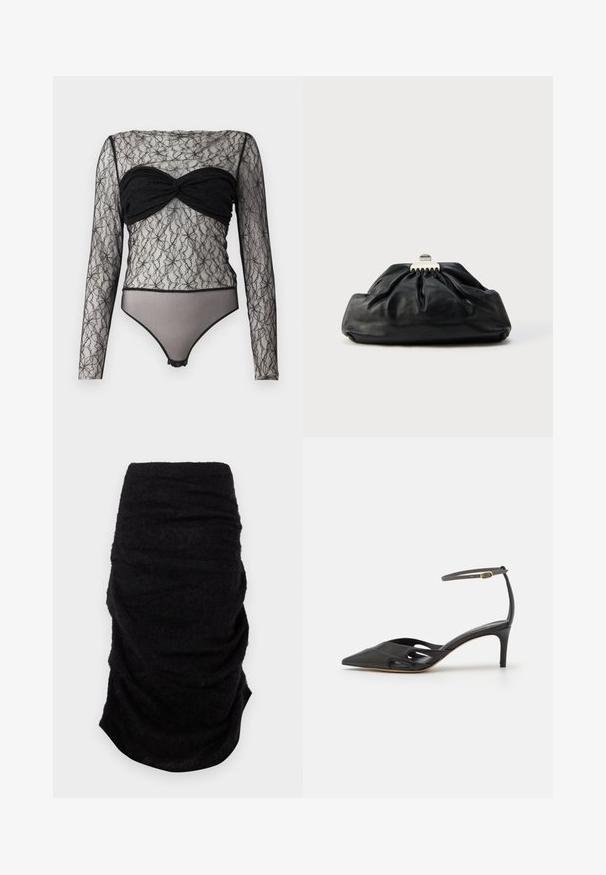 Hofmann Copenhagen PAULA - Langærmet T-shirt - black; Sort højtaljet blyantskirt med samlet stofdetaljer, lavet af blødt tekstureret materiale, vist fladt på en hvid baggrund.; Sort læder højhælet sko med spids tå, åbne sider og en tynd ankelrem med en lille guld detalje.; Sort læderclutch med en samlet tekstur, metal lukning og diskret præget logo på forsiden. Rundet form.