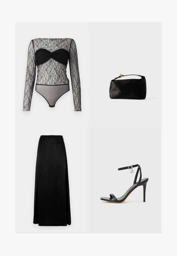 Hofmann Copenhagen PAULA - Langærmet T-shirt - black; Lang sort nederdel med en glat, krøllet tekstur og en elastisk talje. Har en sideslids for nem bevægelse og en strømlinet silhuet.; Sort hæl-sandal med smal ankrem, firkantet tå-boks, glat lædermateriale og metalspænde som pynt.; Sort satinpung med en afrundet form, et håndtag i toppen og en guldaccentlås. Glat tekstur med et minimalistisk design.