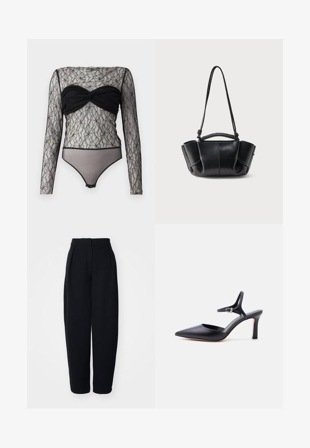 Hofmann Copenhagen PAULA - Top s dlhým rukávom - black; Čierne nohavice s vysokým pásom a voľným strihom, so zložením vpredu, hladkou textúrou a bez viditeľných vreciek či ozdôb.; Čierny lodičkový vysoký podpätok so špicatou špičkou, tenkým remienkom okolo členka a striebornou prackou, hladká kožená úprava, elegantná dámska obuv.; Čierna kožená kabelka s oblým tvarom, nariasenými stranami, pletenou rúčkou a dlhým tenkým popruhom na bielom pozadí.