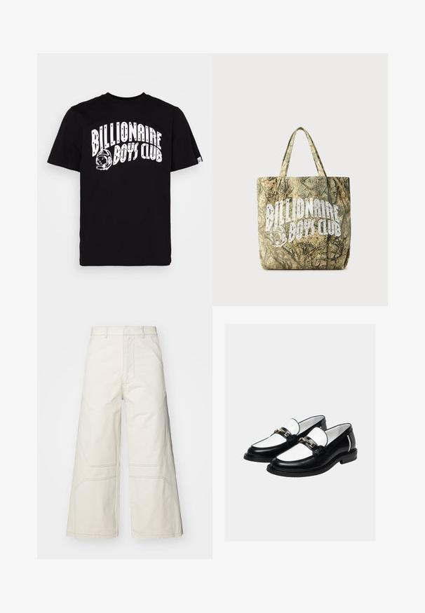 Billionaire Boys Club ARCH LOGO - Μπλουζάκι με στάμπα - black; A-COLD-WALL* FORMAT PANT - Παντελόνι - beige bone; Ζευγάρι ασπρόμαυρα δερμάτινα μοκασίνια με χρυσή αλυσίδα στην κορυφή, σε απλό φωτεινό φόντο.; Τσάντα ώμου με μοτίβο καμουφλάζ από υφασμάτινη υφή με δύο λαβές. Διαθέτει ένα εμφανές λευκό λογότυπο στη μία πλευρά.